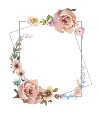 Beyaz arkaplanda yaprakların ve çiçeklerin suluboya resmi 