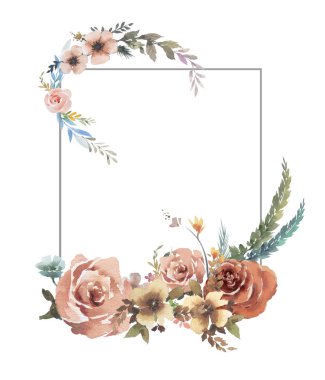 Beyaz arkaplanda yaprakların ve çiçeklerin suluboya resmi 