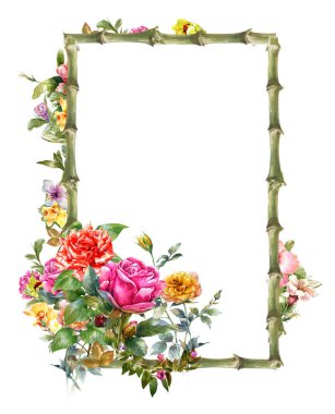 Beyaz arkaplanda yaprakların ve çiçeklerin suluboya resmi 