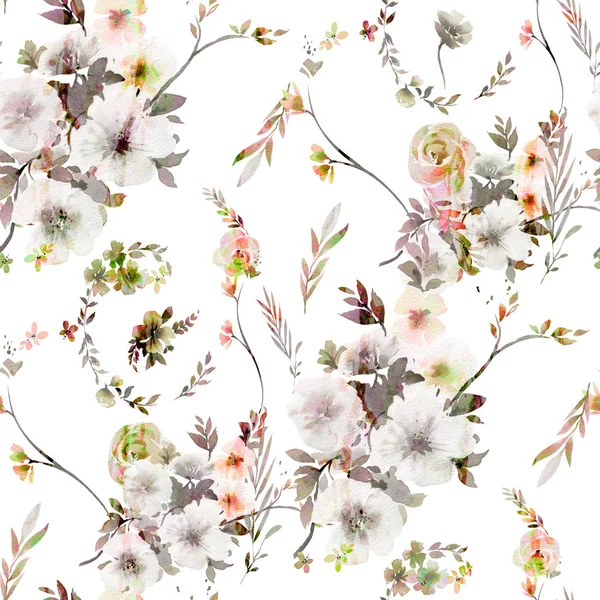 Yaprak Çiçeklerin Suluboya Resmi Beyaz Arkaplanda Pürüzsüz Desen — Stok fotoğraf