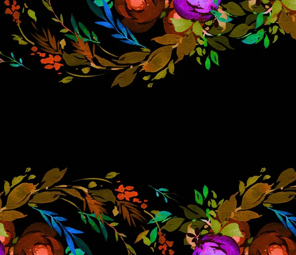 Acuarela Pintura Hojas Flores Sobre Fondo Oscuro — Foto de Stock