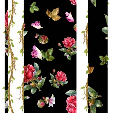 Yaprak ve çiçeklerin suluboya resmi, koyu arkaplanda pürüzsüz desen