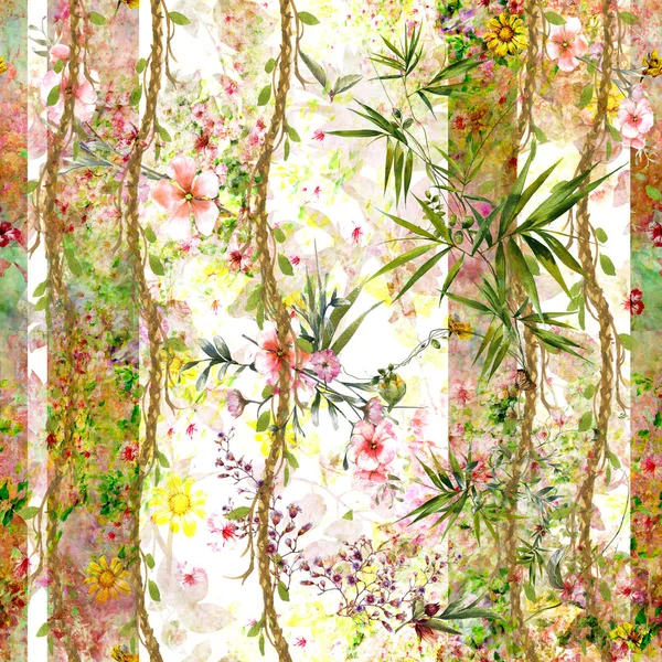 Watercolor painting of leaf and flowers, seamless pattern on white background