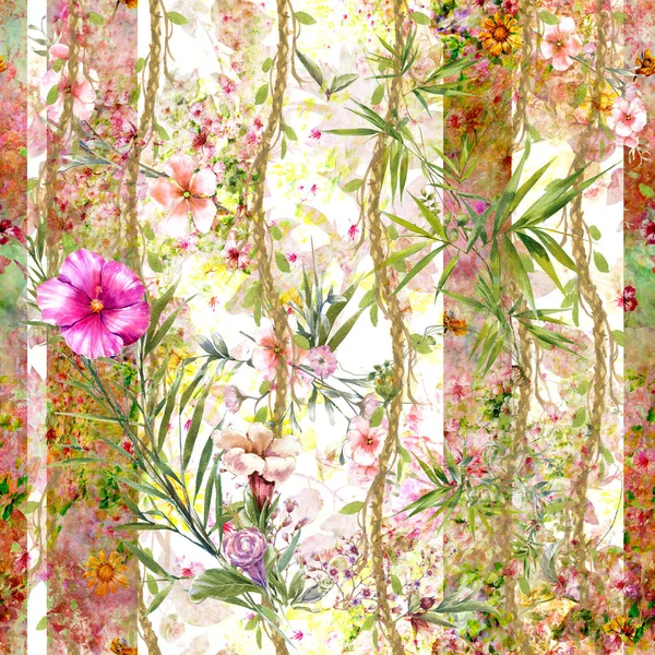 Yaprak ve çiçeklerin suluboya resmi, beyaz arkaplanda pürüzsüz desen