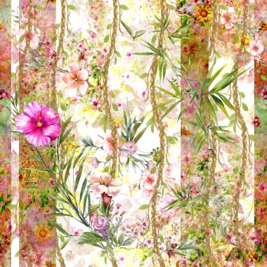 Yaprak ve çiçeklerin suluboya resmi, beyaz arkaplanda pürüzsüz desen