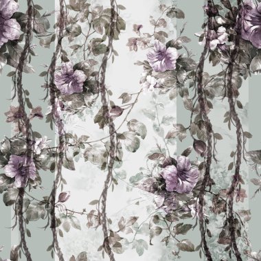 Yaprak ve çiçeklerin suluboya resmi, beyaz arkaplanda pürüzsüz desen