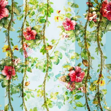 Yaprak ve çiçeklerin suluboya resmi, beyaz arkaplanda pürüzsüz desen