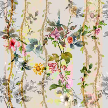 Suluboya resim Dikişsiz desen gri arka plan üzerinde yaprak ve çiçek,