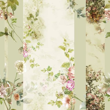 Yaprak ve çiçeklerin suluboya resmi, beyaz arkaplanda pürüzsüz desen