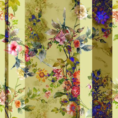 Suluboya resim Dikişsiz desen gri arka plan üzerinde yaprak ve çiçek,