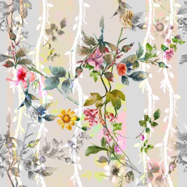 Suluboya resim Dikişsiz desen gri arka plan üzerinde yaprak ve çiçek,