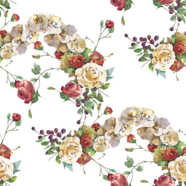 Yaprak ve çiçeklerin suluboya resmi, beyaz arkaplanda pürüzsüz desen