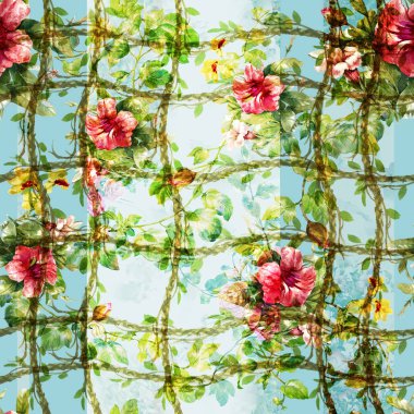 Yaprak ve çiçeklerin suluboya resmi, kusursuz desen