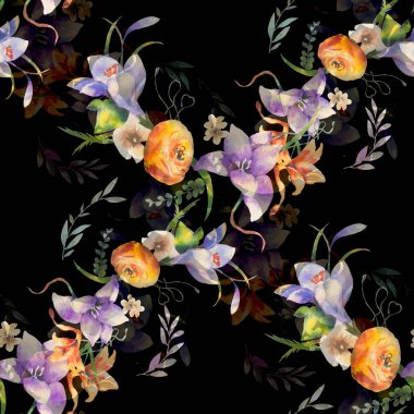 Yaprak ve çiçeklerin suluboya resmi, koyu arkaplanda pürüzsüz desen