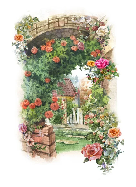 Absztrakt Színes Virágok Akvarell Festés Tavasz Épületekkel Falakkal — Stock Fotó
