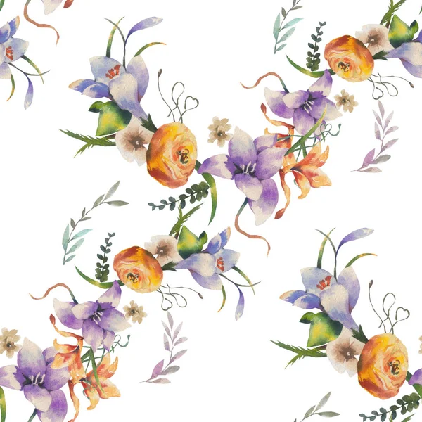 Watercolor painting of leaf and flowers, seamless pattern on white background