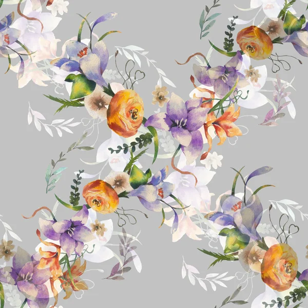 Suluboya resim Dikişsiz desen gri arka plan üzerinde yaprak ve çiçek,
