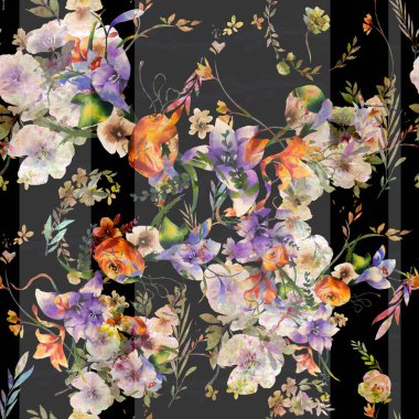 Yaprak ve çiçeklerin suluboya resmi, koyu arkaplanda pürüzsüz desen