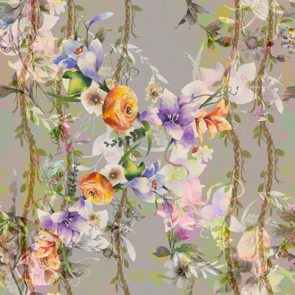 Suluboya resim Dikişsiz desen gri arka plan üzerinde yaprak ve çiçek,