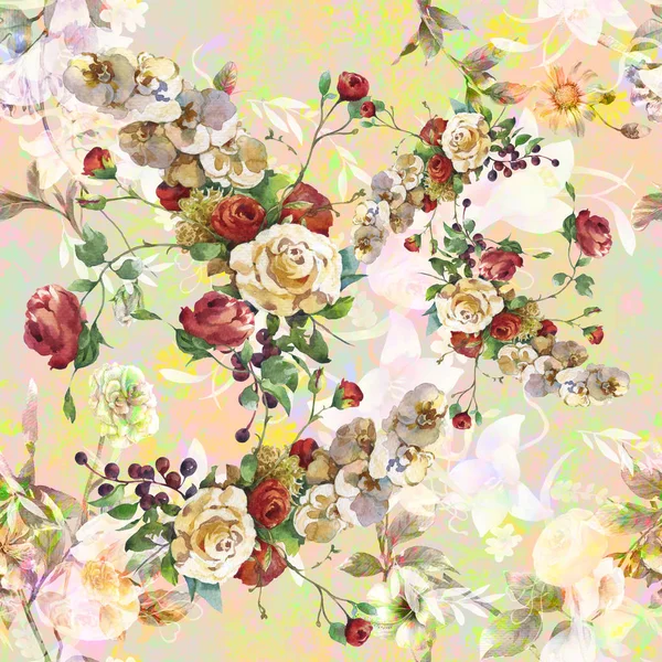 Yaprak ve çiçeklerin suluboya resmi, kusursuz desen