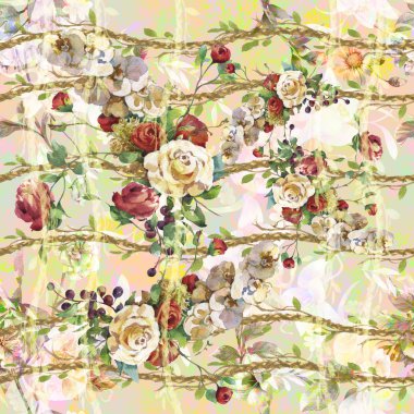 Yaprak ve çiçeklerin suluboya resmi, kusursuz desen