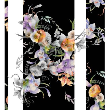 Yaprak ve çiçeklerin suluboya resmi, koyu arkaplanda pürüzsüz desen