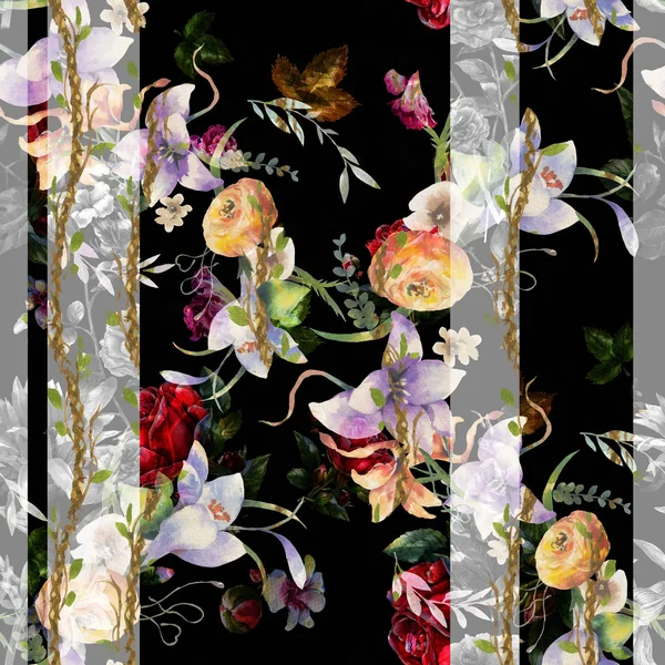 Pintura Acuarela Hojas Flores Patrón Sin Costuras Sobre Fondo Oscuro —  Fotos de Stock