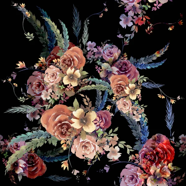 Aquarellmalerei Von Blatt Und Blumen Nahtloses Muster Auf Dunklem Hintergrund — Stockfoto