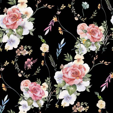 Yaprak ve çiçeklerin suluboya resmi, koyu arkaplanda pürüzsüz desen