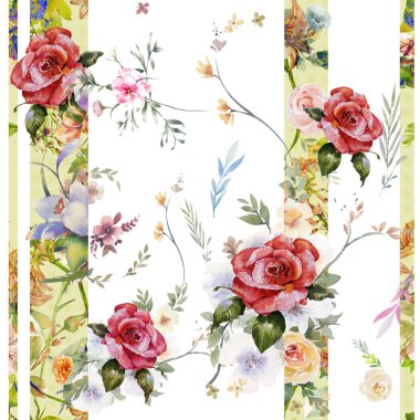 Yaprak ve çiçeklerin suluboya resmi, beyaz arkaplanda pürüzsüz desen