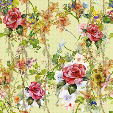 Yaprak ve çiçeklerin suluboya resmi, kusursuz desen