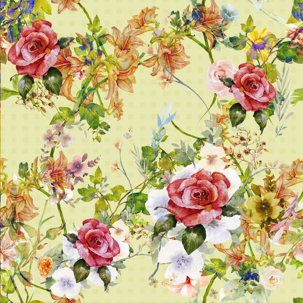 Yaprak ve çiçeklerin suluboya resmi, kusursuz desen 