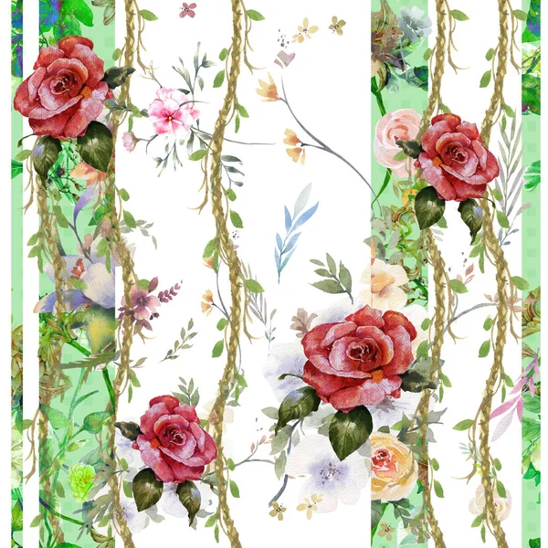 Yaprak ve çiçeklerin suluboya resmi, beyaz arkaplanda pürüzsüz desen