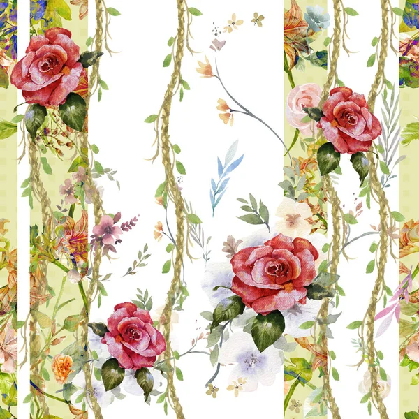 Yaprak ve çiçeklerin suluboya resmi, beyaz arkaplanda pürüzsüz desen