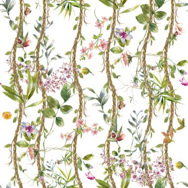 Yaprak ve çiçeklerin suluboya resmi, beyaz arkaplanda pürüzsüz desen