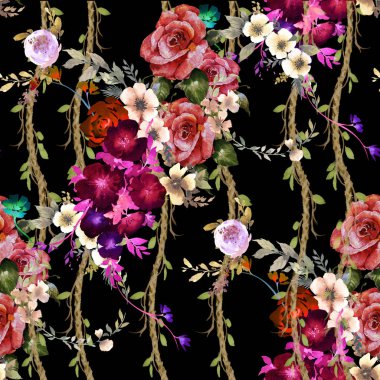 Yaprak ve çiçeklerin suluboya resmi, koyu arkaplanda pürüzsüz desen