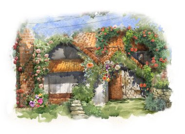 Soyut renkli çiçekler suluboya resim. Binalar ve duvarlarla ilkbahar