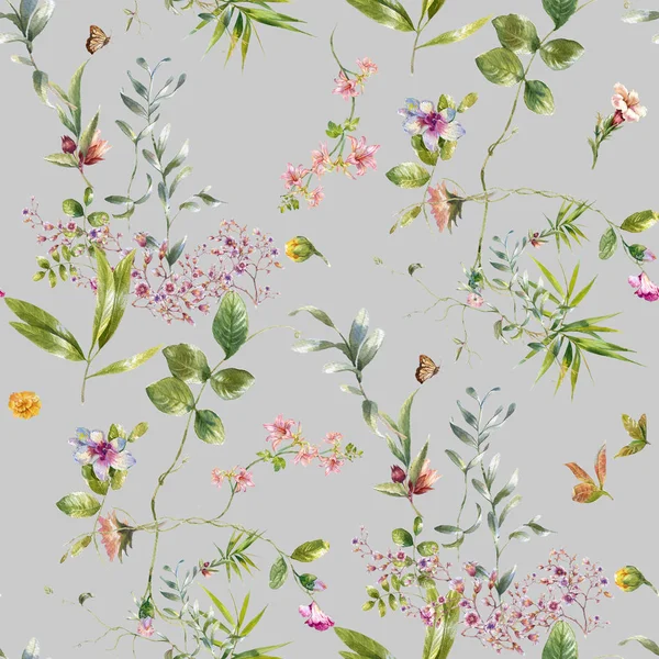 Aquarellmalerei Von Blatt Und Blumen Nahtloses Muster Auf Grauem Hintergrund — Stockfoto