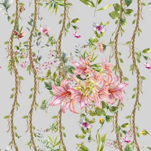 Suluboya resim Dikişsiz desen gri arka plan üzerinde yaprak ve çiçek,