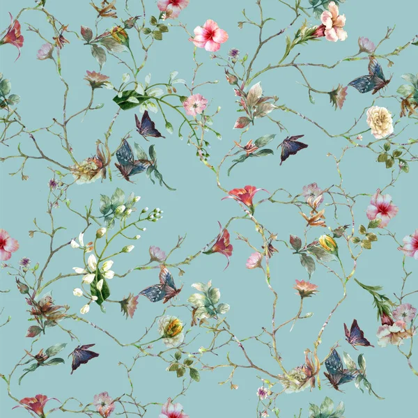 Yaprak ve çiçeklerin suluboya resmi, kusursuz desen 