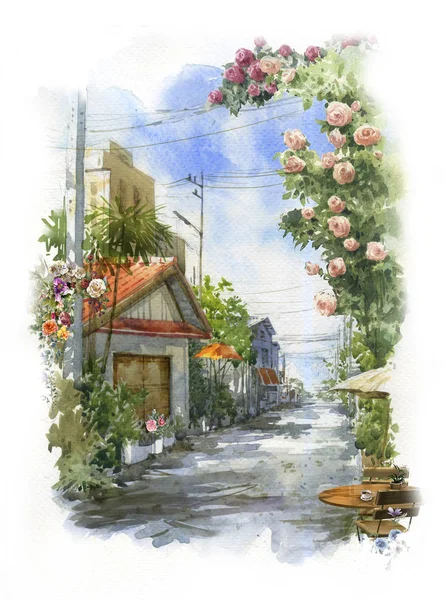 Soyut renkli çiçekler suluboya resim. Binalar ve duvarlarla ilkbahar