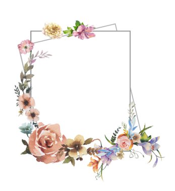 Beyaz arkaplanda yaprakların ve çiçeklerin suluboya resmi 