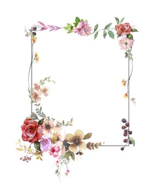 Beyaz arkaplanda yaprakların ve çiçeklerin suluboya resmi 