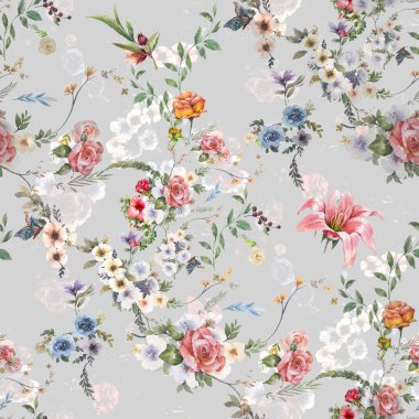 Suluboya resim Dikişsiz desen gri arka plan üzerinde yaprak ve çiçek,