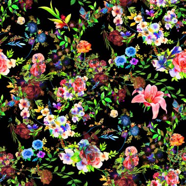 Yaprak ve çiçeklerin suluboya resmi, koyu arkaplanda pürüzsüz desen