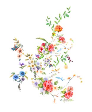 Beyaz arkaplanda yaprakların ve çiçeklerin suluboya resmi 