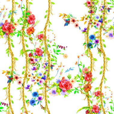 Yaprak ve çiçeklerin suluboya resmi, beyaz arkaplanda pürüzsüz desen