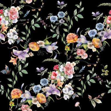 Yaprak ve çiçeklerin suluboya resmi, koyu arkaplanda pürüzsüz desen