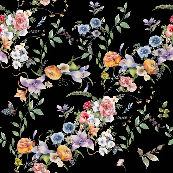 Yaprak ve çiçeklerin suluboya resmi, koyu arkaplanda pürüzsüz desen