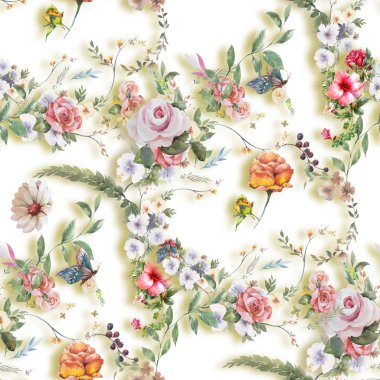 Yaprak ve çiçeklerin suluboya resmi, beyaz arkaplanda pürüzsüz desen